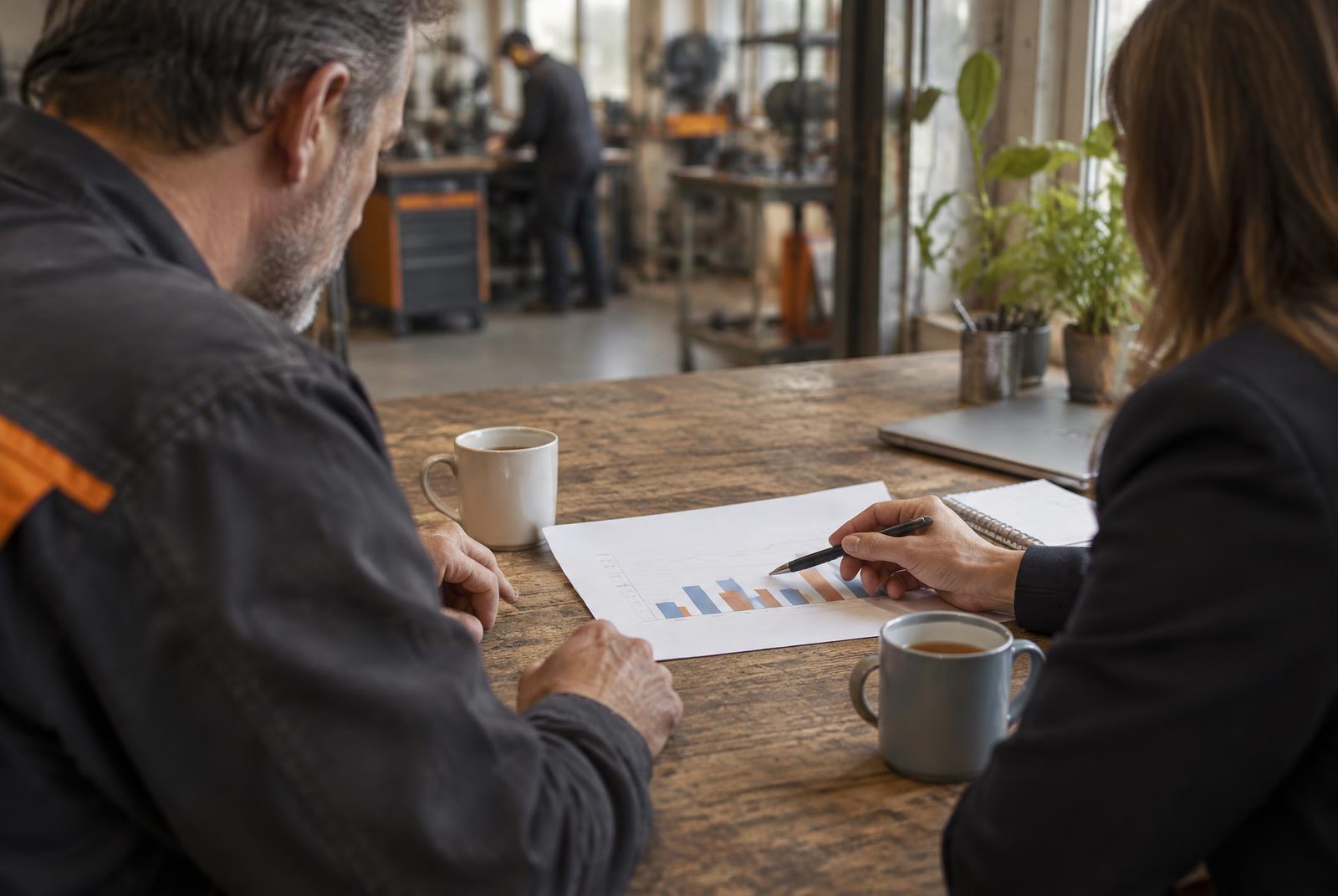 A business owner and a finance director reviewing a simple chart together at a workshop table